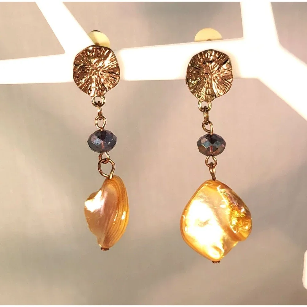 Gold Tone Large Natural Baroque Vintage Pearls Clip on Dangle Earrings 2.25